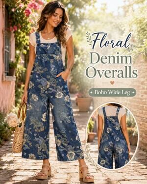 Floral Denim Wide Leg Overalls Blue Cropped Boho Jumpsuit Women’s Small NWOT
